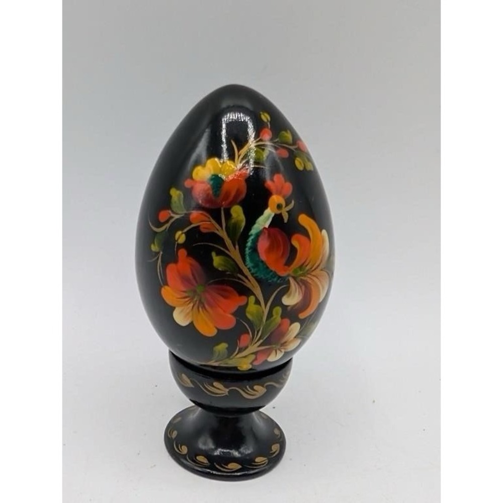 Handpainted Artist Signed Ukraine Wooden Egg W/Stand 1996 3.5"